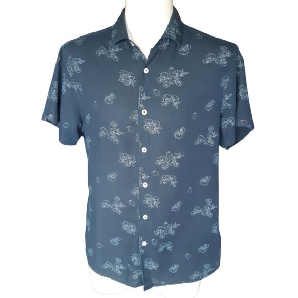 Steel & Jelly SZ M Linen & Cotton Navy Print Men's Short Sleeve Button Up Shirt - Picture 1 of 14